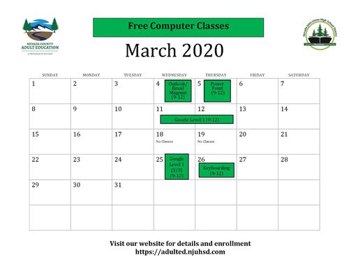 March 2020 calendar of free computer classes